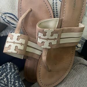 Tory Burch Tan and Cream Leather Logo Thong Sandals